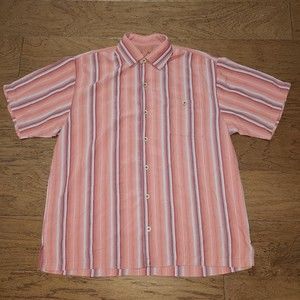 Tommy Bahama Shirt Mens Large Short Sleeve 100% Silk Stripe Casual Button Up